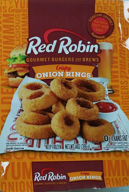 Product label, retail bag front, Red Robin Gourmet Burgers and Brews Crispy onion Rings NET WT 14OZ