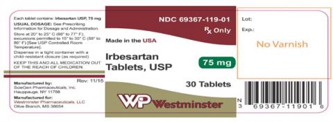 "Product label WP Westminster Irbesartan Tablets, USP, 75mg, 30 tablets" alt="Product label WP Westminster Irbesartan Tablets, USP, 75mg, 30 tablets"