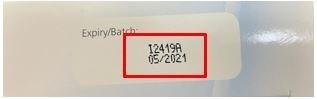 The red box shows where the batch number is located on the carton (e.g. the batch number is I2419A)