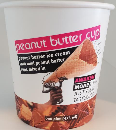 Front of peanut butter cup ice cream tub