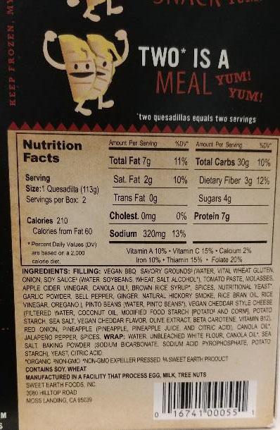 "Back of Package showing UPC for Sweet Earth Aloha BBQ Quesadilla"