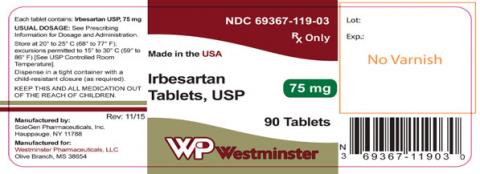 "Product label WP Westminster Irbesartan Tablets, USP, 75mg, 90 tablets"