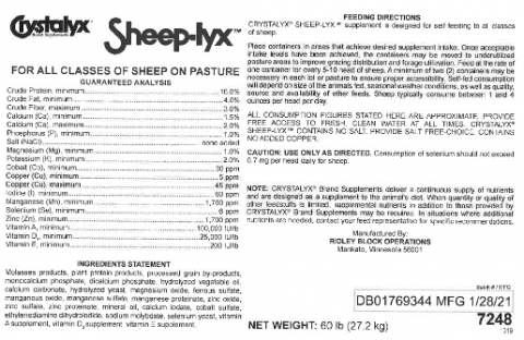 Label: Crystalyx, Sheep-lyx, Net Wt. 60 lb., Batch/Lot # B01769344