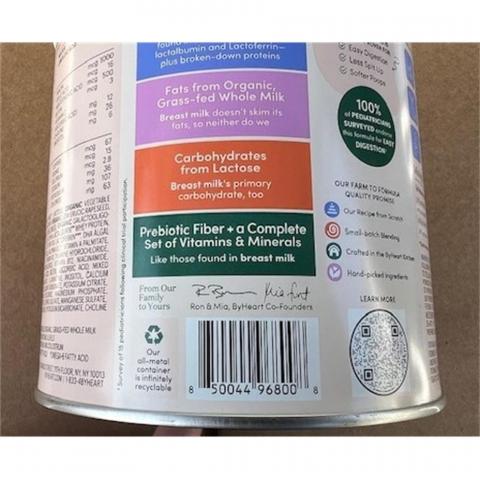 Back label of ByHeart Infant Formula showing UPC 5004496800