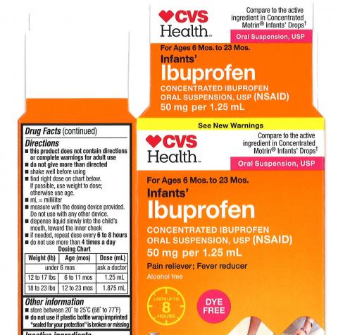 Bottle Label CVS Health: Infants&rsquo; Ibuprofen Concentrated Oral Suspension, USP, 50 mg per 1.25 mL, in 0.5 oz. bottle