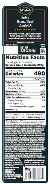 Kroger (Private Selection) — Spicy Roast Beef Sandwich 8.53oz (UPC 011110678171)