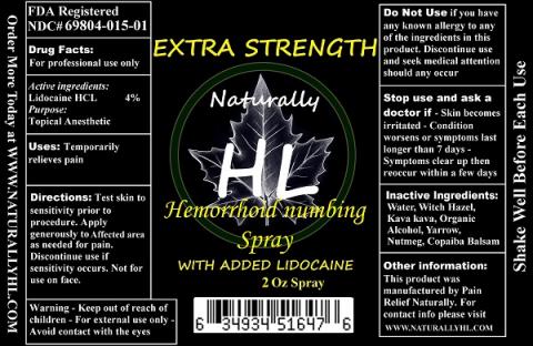 "Label, Naturally HL Hemorrhoid Numbing Spray with added lidocaine 2 oz. Spray"