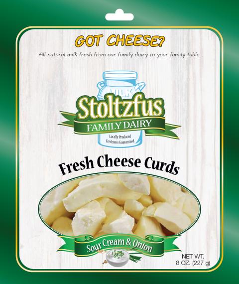 Stoltzfus Family Dairy Fresh Cheese Curds Sour Cream & Onion, NET WT. 8 OZ. (227 g), front of package