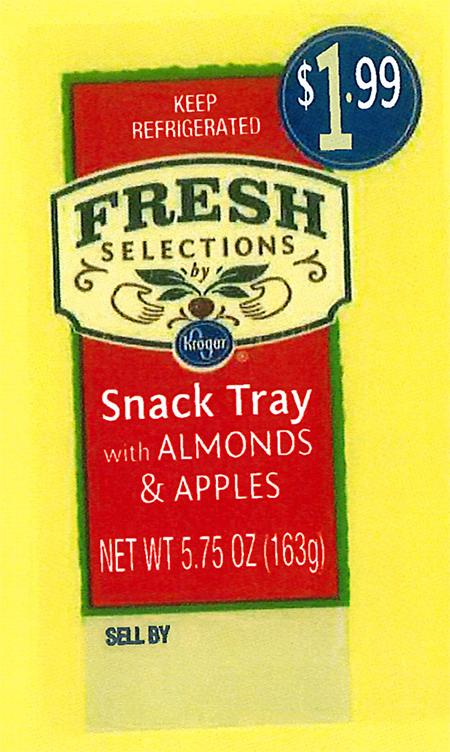"Front and back labels: Fresh Selections by Kroger Snack Tray with Almonds & Apples"
