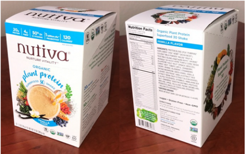 "Display images, front panel and back panel, Nuvita Organic plant protein super food 30 shake Vanilla Flavor"