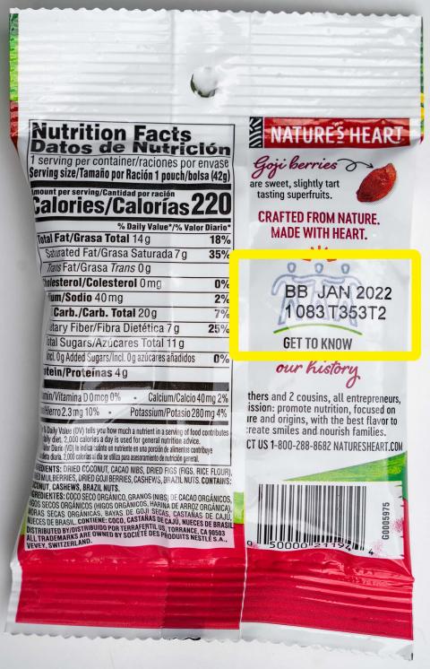 Back Label, Nature’s Heart 1.5 oz Superfood Trail Mix