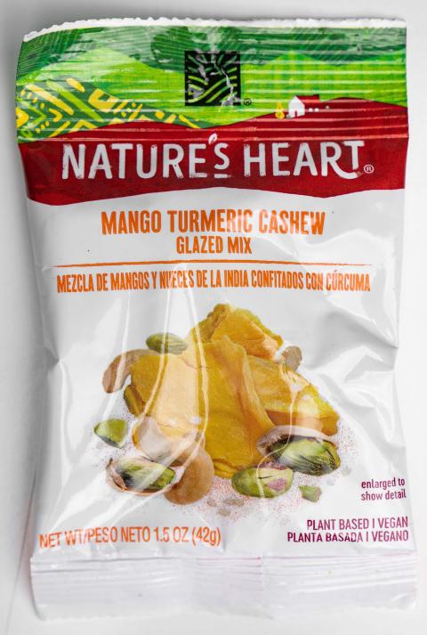 Front Label, Nature’s Heart 1.5 oz Mango Turmeric Cashew Glazed Mix