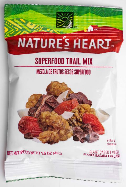 Front Label, Nature’s Heart 1.5 oz Superfood Trail Mix