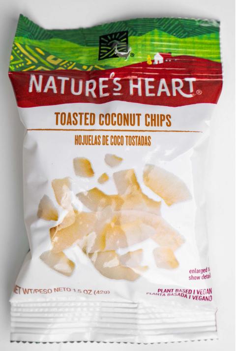 Front Label, Nature’s Heart 1.5 oz Toasted Coconut Chips