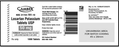 Losartan Potassium Tablets USP, 50 mg. 1000 Tablets