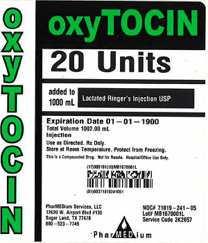 "Oxytocin 20 Units added to 1000 mL Lactated Ringer's Injection USP, NDC 71019-241-05"