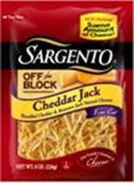 "Sargento Off The Block Shredded Fine Cut Cheddar Jack Cheese, 8 oz., UPC 4610040076"