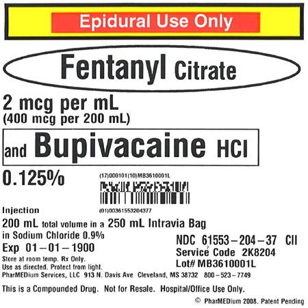 "2 mcg/mL Fentanyl Citrate and 0.125% Bupivacaine HCl (Preservative Free) in 0.9% Sodium"