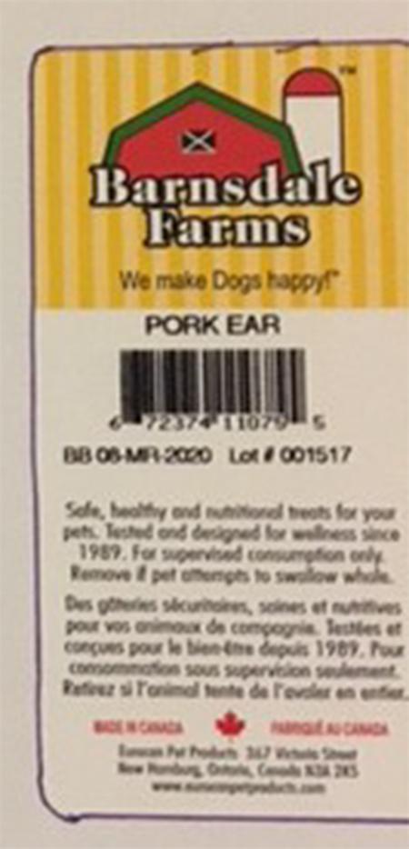 "Product label image Barnsdale Farms&reg; shrink-wrapped Pig Ear (UPC 6 72374 11075 5)"