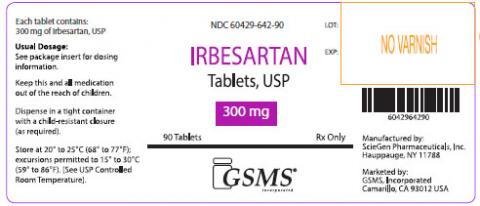 "Product label GSMS Irbesartan Tablets, USP, 300mg, 90 tablets"