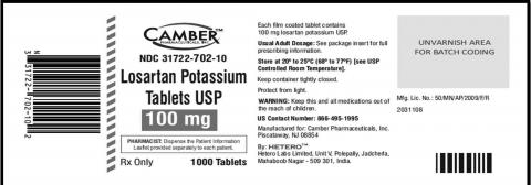Losartan Potassium Tablets USP, 100 mg. 1000 Tablets