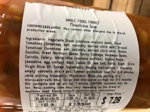 Product label, Whole Foods Market Minestrone Soup not declaring milk