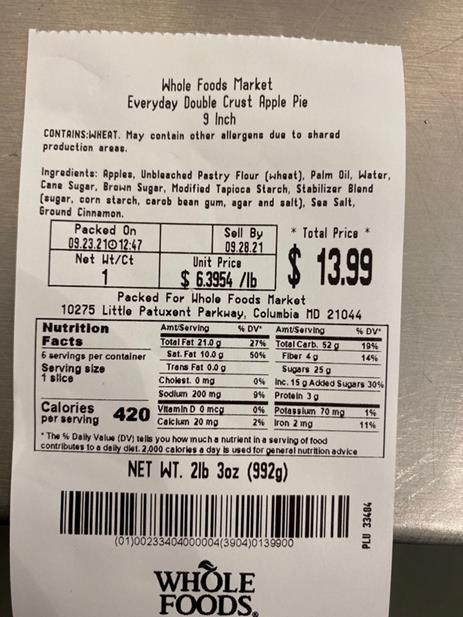 Whole Foods Market Everyday Double Crust Apple Pie Label