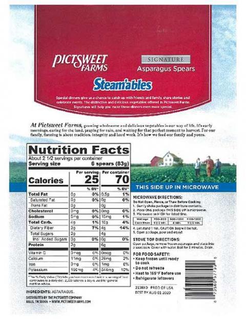 PictSweet Farms Steam'ables Asparagus Spears, Nutrition Facts
