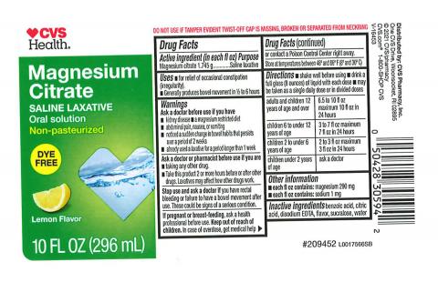 Labeling, CVS Health Magnesium Citrate Saline Laxative Oral Solution, Lemon Flavor, 10 FL Oz