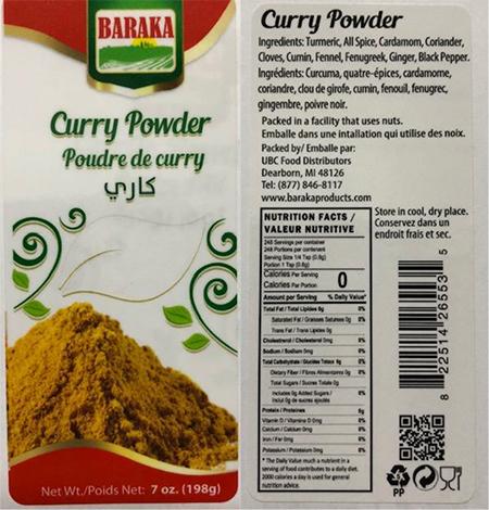 Baraka Curry Powder, Curry Powder, 7 oz., UPC 822514265535