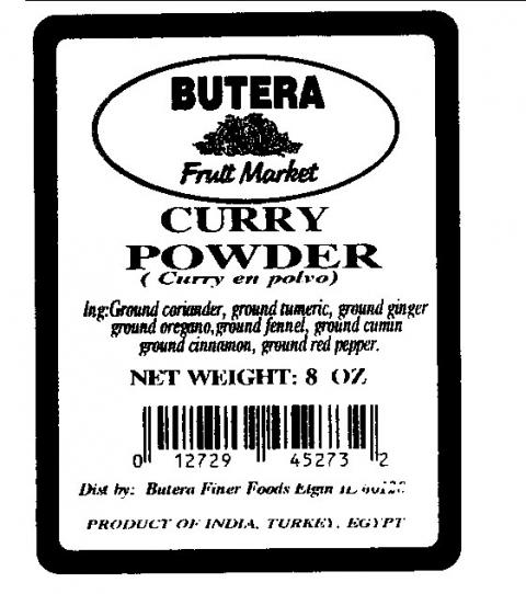 Butera Fruit Market Curry Powder, label UPC 0 12729 45273 2