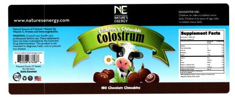 Labeling, Nature’s Energy Children’s Chewable Colostrum, Cholcolate Chewables
