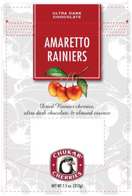 Chukar Cherries Amaretto Rainiers Ultra Dark Chocolate Cherries, Net Wt 7.5 oz, Front label