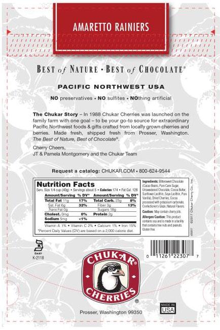 Chukar Cherries Amaretto Rainiers Ultra Dark Chocolate Cherries, Net Wt 7.5 oz, Back label