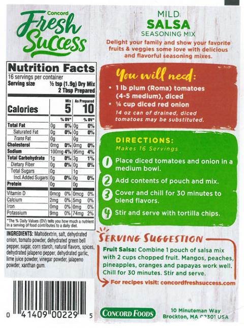 Back Label, Concord Fresh Success Mild Salsa Seasoning Mix