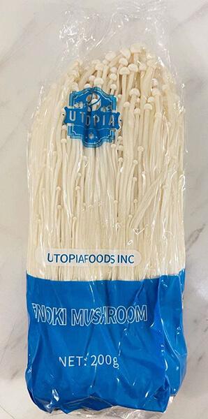 Front of package, Utopia Foods Enoki Mushrooms