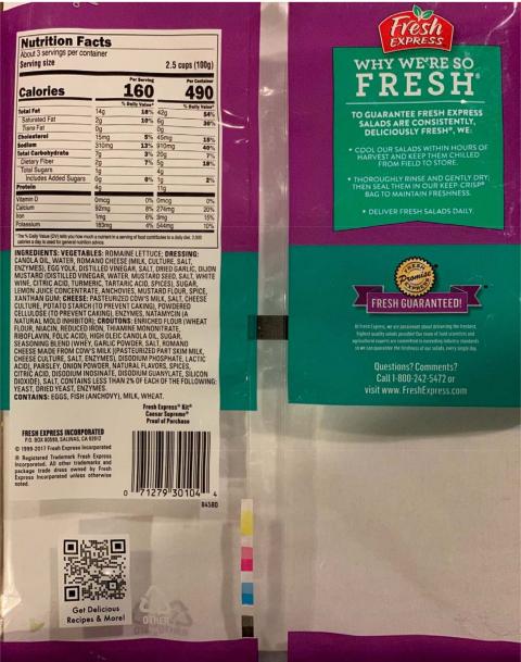 Back of Bag:  Fresh Express Nutrition Facts and Ingredients Statement