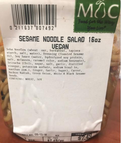 Gourmet Take Away Sesame Noodle Salad Vegan, Deli Label