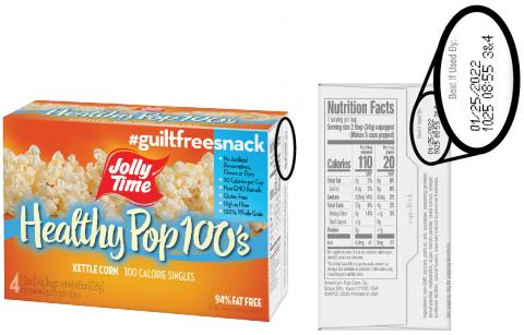 Jolly Time, Healthy Pop 100’s kettle corn, (4 count) front and side label.
