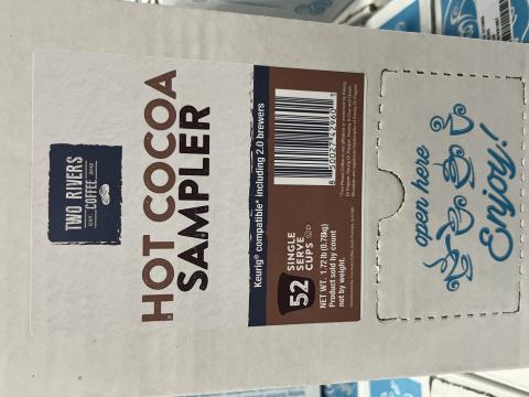 5.	“Two Rivers Coffee Hot Cocoa Sampler, 52 single serve cups”