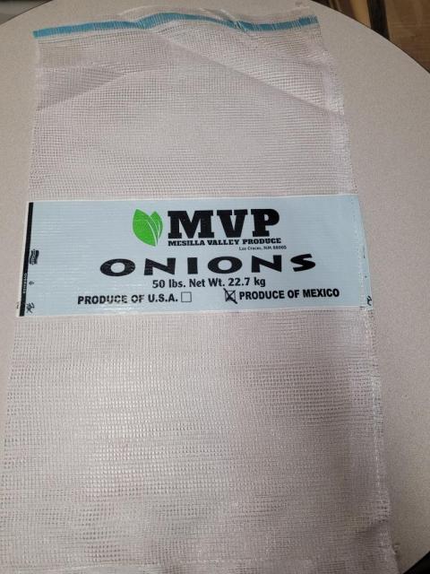 White sack with blue label, MVP onions, 50 lb