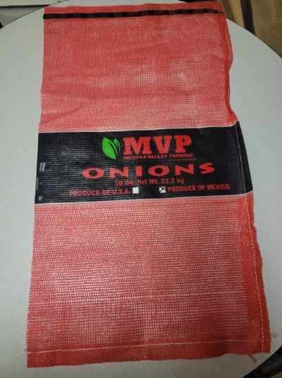 Red sack, red writing, MVP onions, 50 lb