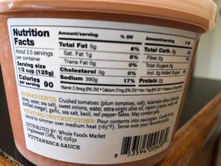 Container Back:  Nutrition Facts Panel