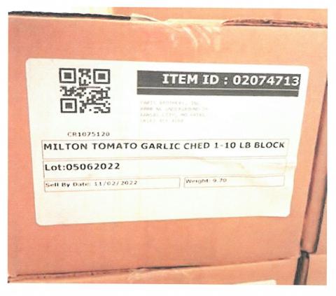 Carton label, Milton Tomato Garlic Ched 1-10 LB Block