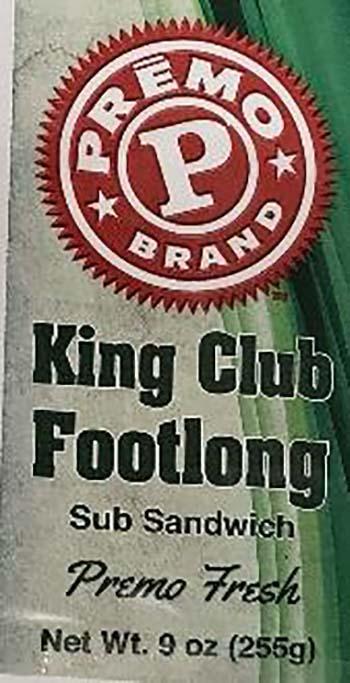 Product labeling, Premo King Club Footlong Sub Sandwich 9 oz