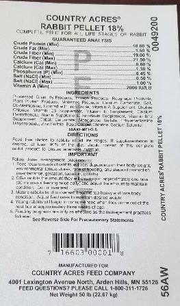 Photo 10: Nutritional Information, Country Acres Rabbit Pellet 18%