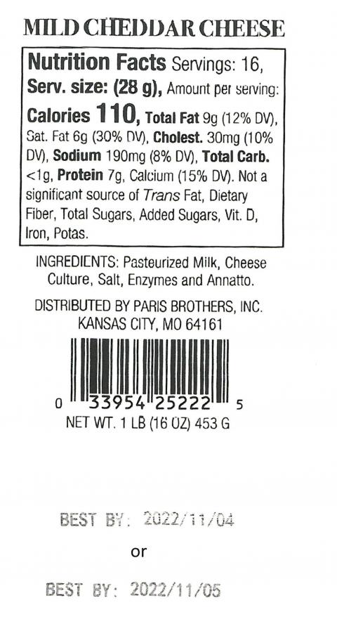 Product label, Mild Cheddar Cheese Net Wt. 1 LB (16 OZ)