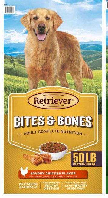 19. “Retriever Bites & Bones, Chicken Flavor, Adult dog food”
