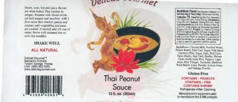 Label 1 “Declicaé Gourmet Thai Peanut Sauce, 12 fl. oz.”
