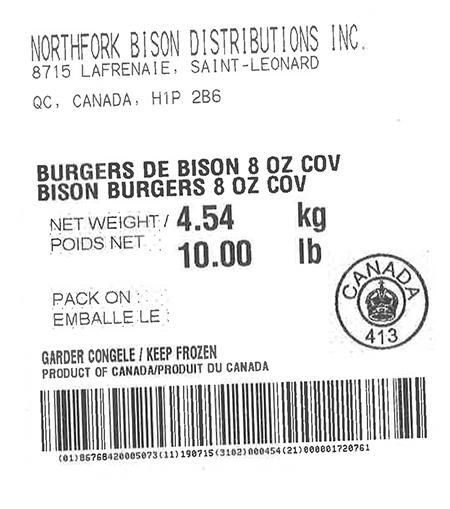 Product labeling Northfork Bison Distributions Inc. Bison Burgers 8 oz COV, Net Weight 10 LB